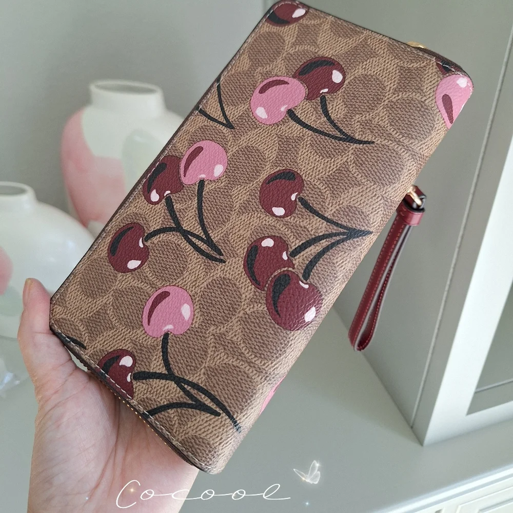 NWT Coach Long Zip Around Wallet In Signature Canvas With Cherry Print CZ328 🍒